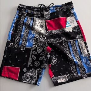 Men's Patchwork Swim Shorts - Black, Red, Blue